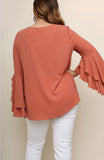 Plus Size Rust/Clay Top With high low layered ruffled Bell sleeve