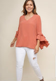 Plus Size Rust/Clay Top With high low layered ruffled Bell sleeve