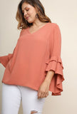 Plus Size Rust/Clay Top With high low layered ruffled Bell sleeve